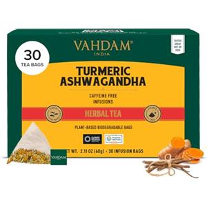 VAHDAM, Tisane Curcuma e Ashwagandha (30 Bustine) | Senza Caffeina | 100% Infusi e Tisane Dolci e Aromatici | Tè alle erbe | In Bustine Piramidali per una Infusione Perfetta | Direttamente dall'India