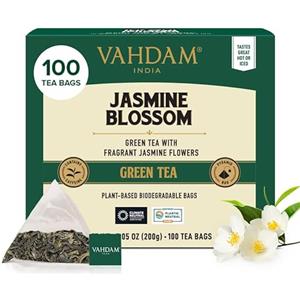 VAHDAM, Tè Verde al Gelsomino (100 Bustine) | Medio Tenore di Caffeina | Te Verde in Foglie di Alta Quota con Fiori di Gelsomino | In Bustina Richiudibile con Chiusura Ermetica