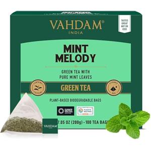 VAHDAM, Tè Verde alla Menta (100 Bustine) Basso Tenore di Caffeina | Te Verde in Foglie di Prima Qualità | In Bustina Richiudibile con Chiusura Ermetica | Tè Verde di Alta Quota