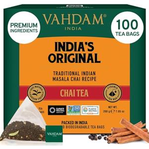 VAHDAM, Tè Chai Originale Indiano in Bustina (100 Bustine) | Senza Aromi Artificiali | Con Spezie Esotiche di Prima Qualità | In Bustina Richiudibile con Chiusura Ermetica