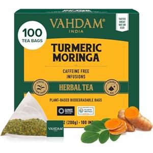 VAHDAM Tisana alla Curcuma e Moringa | 100 Filtri Piramidali | Senza Caffeina | Miscela con Spezie Indiane | Ingredienti Naturali | Confezionato in India