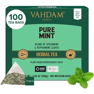 VAHDAM, Tisana Alla Menta Pura (100 Bustine) Senza Caffeina | Miscela di Dolce e Menta Piperita | Tè alle erbe | Infusi e Tisane con Te in Foglie | In Bustina Richiudibile con Chiusura Ermetica