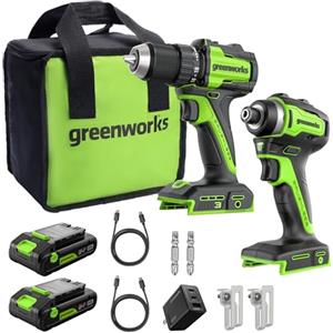 Greenworks 24V Trapano Avvitatore a Batteria 45Nm + 220Nm Avvitatore a impulsi a batteria Brushless, (2) batterie USB-C 2.0Ah (12.000mAh) e caricatore veloce USB-C da 65W (3 porte) CK321