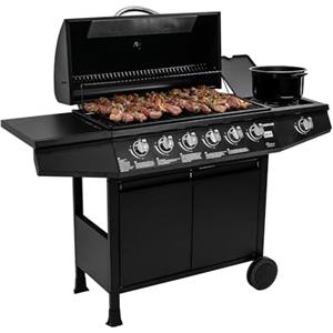 Amig - Barbecue a gas Fireplus 6+1 da 12,9 kW - Acciaio inox nero - Modello GRILL-6F - Barbecue XXL con carrello e termometro - Dimensioni: 138 x 52 x 103 cm - 7 bruciatori e ripiano laterale