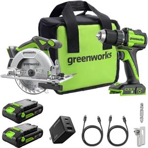 Greenworks 24V Brushless 45Nm Trapani a percussione + 165cm Sega circolare, 4.800 giri al minuto, (2) batterie USB-C da 2,0 Ah (12.000 mAh) e caricabatteria rapida USB-C da 65 W (3 porte) CK322