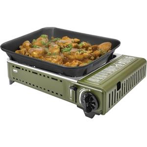 Amig - Cucina a gas da campeggio BBQK01- Kit fornello grill portatile - Griglia in alluminio pressofuso + piastra con coperchio di cottura - Vaschetta raccogli grasso - 1,8 kW - Cartucce B-250