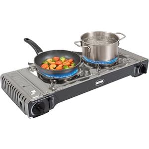 Amig - Fornello da campeggio a gas CAMP02 - Cucina portatile - 2 bruciatori - Include piastra - Griglia in ghisa - Acciaio inox - 2 x 2,2 kW di potenza