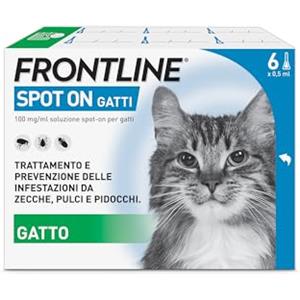 FRONTLINE Spot On, 6 Pipette, Gatto, Antiparassitario per Gatti e Gattini di Lunga Durata, Protegge da Zecche, Pulci e Pidocchi, Antipulci in Confezione da 6 Pipette da 0.5 ml