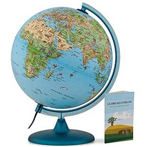Tecnodidattica Safari 25 - Mappamondo illustrato con animali, ambienti e opere dell'uomo, mappamondo in lingua italiana, Diametro 25 cm, fornito con il suo libretto