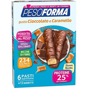 PESOFORMA BARRETTE CIOCCOLATO E CARAMELLO, Pasto Sostitutivo Proteico, Barrette per il Controllo del Peso, Barrette Proteiche per Restare in Forma, Solo 234 calorie, 12x31g