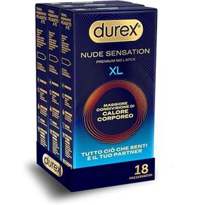 Durex Nude Sensation XL, 18 preservativi uomo in Nitrile, senza lattice di gomma naturale, ultima generazione, ultra sottili ed extra lubrificati, per una maggiore condivisione di calore corporeo