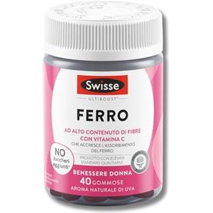 SWISSE Ultiboost - Ferro Integratore per Supporto Formazione di Globuli Rossi e Emoglobina e Riduzione Stanchezza, Integratori con Vitamina C per Accrescere Assorbimento Ferro, 40 Gommose, Gusto Uva