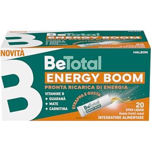 Be-Total Betotal Energy Boom, Integratore Alimentare con Vitamine B, Guaranà, Mate e Carnitina, effetto tonico per ricaricare le energie in caso di stanchezza, Gusto Frutti Rossi, 20 stick liquidi