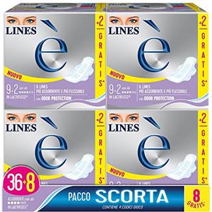 LINES È GIORNO con ali, Pacco scorta da 44 assorbenti per ciclo mestruale, l'unico con struttura in Lactifless, il più assorbente e flessibile della gamma Lines, con Odor Protection