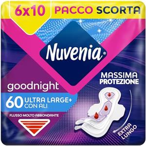 NUVENIA Ultra Notte Ali 60 Assorbenti, 6 Confezioni da 10 Assorbenti, Maxi Scorta per Comfort e Protezione, Flussi molto Abbondanti