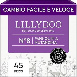 LILLYDOO Pannolini a mutandina LILLYDOO -Taglia 8 (17+ kg), pacco scorta (45 unità) nuove tasche pipì e pupù, massima protezione, 0% profumi e lozioni, ideali per pelli sensibili, dermatologicamente testati