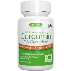 Igennus Healthcare Nutrition Igennus Curcumin C3 Complex Ultra Solubile, Senza Pepe Nero, Assorbimento Rapido e Superiore +300% rispetto alla Curcumina Classica, Estratto Standardizzato al 95%, 90 Capsule Vegane, 1 al giorno