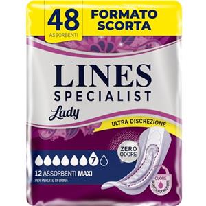 Lines Specialist Lady Maxi, Assorbenti per Incontinenza Donna, con Tecnologia Zero Odore e Barriere Laterali Protettive, Scorta Mensile, 4 Confezioni da 12 Unità