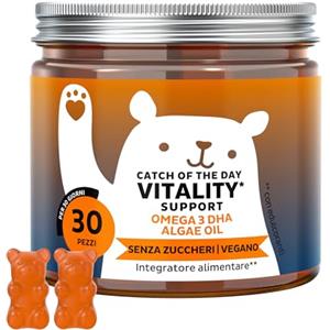Bears with Benefits Catch Of The Day Supporto Vitalità - Omega 3 DHA 50 mg - Senza Pesce - con Vitamina C ed E, Olio di Microalghe - Sistema Immunitario - 30 pezzi (1 mese) - Senza Zuccheri, Vegano - Bears with Benefits