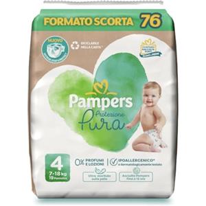 Pampers Protezione Pura, Taglia 4 (7-18 kg), Ipoallergenico, Barriera Stop&Protect, Anti-Fuoriuscite, Formato Scorta, 0% Profumo e Lozioni, Pelli Sensibili, Ultra Morbido, 76 Pannolini Bambino