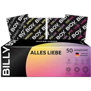 BILLY BOY Profilattici Alles Liebe (Con amore) 50 pz - preservativi in varie misure, trasparenti, colorati, fruttati, con rilievi/nervature e anello integrato - (1x50 pezzi)