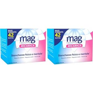Mag Ricarica - Integratori per Adulti con Magnesio Pidolato, Magnesio Ossido, Vitamina B6 per Stanchezza Fisica e Mentale - Senza Glutine, Senza Lattosio (due confezioni da 42 Bustine Aroma Limone)