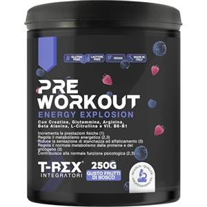 T-Rex Integratori Pre Workout, Energy Drink Potente con Creatina Monoidrata, Bcaa, Arginina, Beta Alanina e Vitamine - Senza Caffeina, 250 g (250 g (Confezione da 1), Frutti di Bosco)