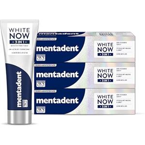 Mentadent WHITE NOW Dentrifricio 3in1 Original, Dentifricio Effetto Sbiancante Rapido 75ml, Tecnologia Triple-Light™, 96% Origine Naturale, Rimozione Macchie, Delicato sullo Smalto, Cofanetto 3 Pezzi