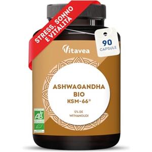 Vitavea Ashwagandha BIO KSM-66® - 90 Capsule Vegane - Estratto di Radice 600 mg 5% Withanolidi - Alta Potenza per Stress, Ansia, Sonno Ristoratore, Energia e Benessere - Qualità Vitavea
