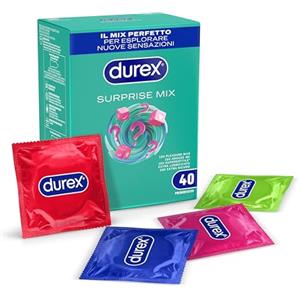 Durex Surprise Mix, Preservativi Assortiti, Profilattici Sottili e con Rilievi e Nervature, 40 Profilattici, Solo Online