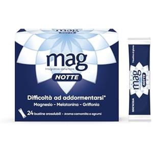 Mag Notte - Integratori per Adulti con Melatonina, Magnesio, Griffonia, L-Triptofano - Favorisce il Sonno, Riduce i Disturbi del Sonno, Senza Glutine (24 Bustine monodose aroma Camomilla e Agrumi)