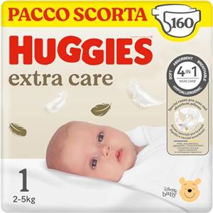 Huggies Extra Care Bebe, Pannolini Taglia 1 (2-5Kg), Ultra assorbente, Pacco Scorta, 160 Pz