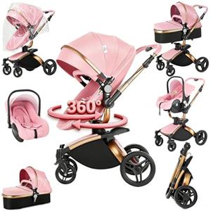 Magic ZC 360° Girevole Pelle PU Passeggino Trio, Passeggino 3 in 1 con Reversibile a Due Vie, Trio Passeggini Neonati con Accessori, Carrozzina per Neonati con Portatile Pieghevole Un Clic (906 Pink)