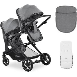 hauck Atlantic Twin, Grigio Melange - Passeggino Gemellare per 2 Bambini dalla Nascita a 15 kg - Due Navicelle Covertibili in Sedute Reversibili - Ruote di Gomma - Maniglione Regolabile - Pieghevole