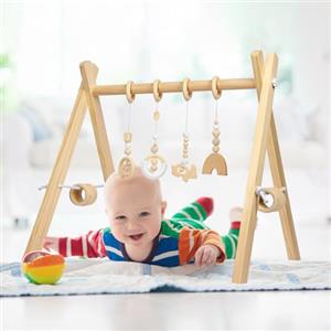 Vicloon Palestrina Neonato, Arco Gioco Legno Naturale, Palestra Multifunzione per bambini con 4 Giocattoli Sensoriali e 12 Anelli di Legno, Palestra da Gioco, Palestra Neonati per Bambini 0+ mesi