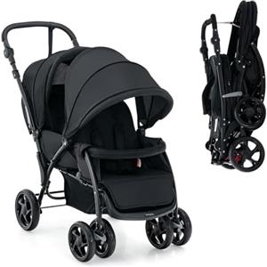 LIFEZEAL Passeggino Gemellare, Doppio, Carrozzina per Bambini, Passeggino da Viaggio, Leggero, Pieghevole, Compatto, Regolabile, Portatile, Reclinabile, Comodo, Max 30 kg, 123x57x95-110 cm (nero)