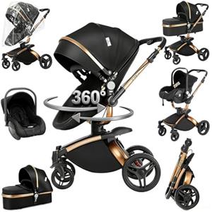 Magic ZC 360° Girevole Pelle PU Passeggino Trio, Passeggino 3 in 1 con Reversibile a Due Vie, Trio Passeggini Neonati con Accessori, Carrozzina per Neonati con Portatile Pieghevole Un Clic (906 Black)