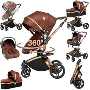 Magic ZC 360° Girevole Pelle PU Passeggino Trio, Passeggino 3 in 1 con Reversibile a Due Vie, Trio Passeggini Neonati con Accessori, Carrozzina per Neonati con Portatile Pieghevole Un Clic (906 Brown)