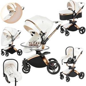 Magic ZC 360° Girevole Pelle PU Passeggino Trio, Passeggino 3 in 1 con Reversibile a Due Vie, Trio Passeggini Neonati con Accessori, Carrozzina per Neonati con Portatile Pieghevole Un Clic (906 White)