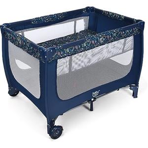 COSTWAY Lettino da Campeggio con Materasso, Lettino per Bambini Pieghevole, Culla da Viaggio Portatile con 2 Ruote, Per Bambini 0-36 Mesi, 125 x 65 x 76 cm (Blu)