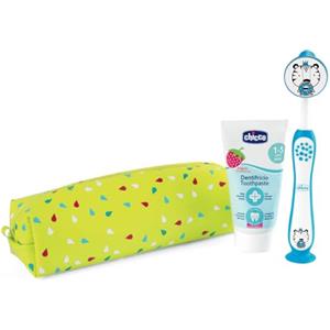 Chicco Set Spazzolino e Dentifricio per Bambini, Con Pratico Astuccio, Set Comprende Dentifricio Al Gusto Fragola e Spazzolino con Setole Morbide e Ventosa, Set da Viaggio, 3-6 Anni, Azzurro
