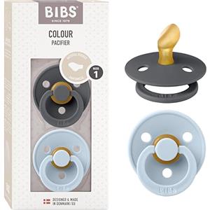 BIBS Colour Anatomical, Set di 2 ciucci, succhietto senza BPA, Tettarella anatomica. Lattice di gomma naturale, Prodotto in Danimarca/UE. Misura 1 (0-6 mesi), Iron/Baby Blue