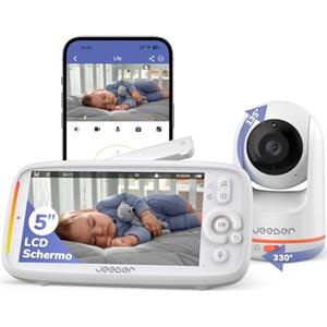 jeeber 2K 5" Baby Monitor Video, Controllo Tramite Cellulare APP & Monitor, 360° Telecamera Bambini, Visione Notturna, Temperatura, Movimento, Rilevamento Del Pianto, Ninne Nanne, Audio Bidirezionale