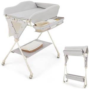 COSTWAY Fasciatoio Pieghevole Neonato, Fasciatoio Portatile con Altezza Regolabile a 3 Livelli, con Bacino, Cestino Portaoggetti e Cintura di Sicurezza, 4 Ruote Bloccabili, Portata 11 kg (Grigio)