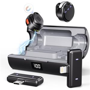 Moman Microfono lavalier wireless a moneta per iPhone/Android, mini clip/microfoni magnetici per Lightning/USB-C, microfono lav con cancellazione attiva del rumore, 48 ore per registrazione video