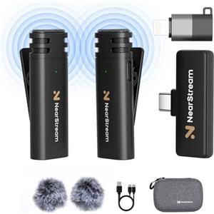 NearStream Microfono Mini Lavalier Wireless,6 Ore di Durata,Raggio di Ricezione del Segnale di 10 Metri, Microfoni Wireless per Registrazione, Streaming, Interviste(AWM10T)