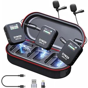 SYNCO G2(A2) Pro Microfono lavalier wireless per iPhone/ Android/Fotocamera/iPad, 2.4G con Cancellazione Rumore Batteria 24H e Custodia di Ricarica 200m di Portata per Vlog Interviste Live Streaming