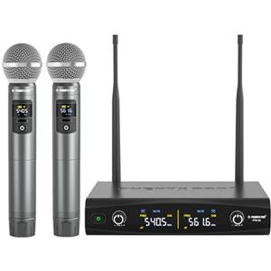 Phenyx Pro Sistema microfono wireless in metallo con custodia, microfoni dinamici palmari senza fili per canto, karaoke, chiesa, 2x30 frequenze sintonizzabili UHF, portata di 200 piedi (PTU-52-2H)