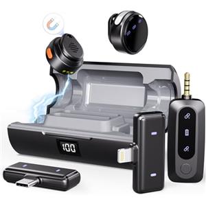 Moman - Microfono lavalier wireless, microfono da bavero combinato, per iPhone/Android/fotocamera, cancellazione attiva del rumore per video TikTok, Youtube, Vlog, registrazione, microfono wireless