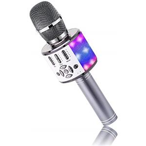 BONAOK Microfono Karaoke Cambia voce, Microfono Colorato per Adulti,Microfono Karaoke Luci e Suoni,Microfono Home KTV Sing, Macchina Karaoke Alternativa, Compatibile con IOS Android (Grigio Siderale)